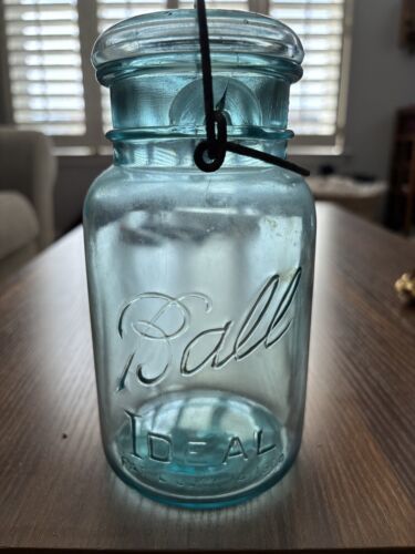 Primary image for Vintage Ball Ideal Mason jar w/ Wire Bale, Blue Glass, Quart, Pat'd July 14 1908