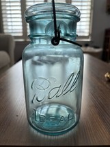 Vintage Ball Ideal Mason jar w/ Wire Bale, Blue Glass, Quart, Pat'd July 14 1908 - $15.48