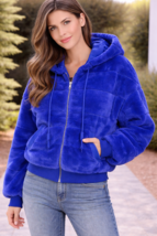 Jolie &amp; Joy Blue Faux Fur Puffer Jacket Hoodie Zip Up Womens XL Plush Coat - $48.95