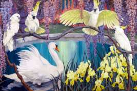 Cockatoos Swan Iris Wisteria bird paradise garden ceramic tile mural backsplash - £47.47 GBP+