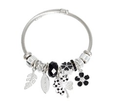 Silver Twisted Cable Classic Black Clover, Leaf, Forever Charms Bangle Bracelet - £23.50 GBP