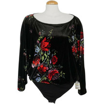 FREE PEOPLE Black Babe Stretch Velvet Floral Slouchy Bodysuit Top M - £31.45 GBP