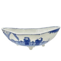 Vintage Decorative Asian Footed Bowl 7 x 4 White Blue Ceramic Painted Sc... - $37.62