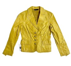 Cami 100% Leather Jacket Scallop Trim Mustard Yellow Crop Blazer Jacket ... - $79.20