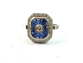 Art Deco Diamond Calibre Sapphire French 18K White Gold Ring - $1,559.25