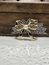 Vintage Brass and Pearl Bow Brooch/Pin - £16.23 GBP