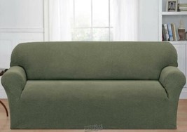 Stretch Basketweave Built-In Stretch Sofa Slipcover Sage 74"-96" Poly/Spandex - £37.52 GBP
