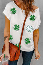 white Sequin St Patrick Clover Patch Pocket Loose Tee - £18.43 GBP+