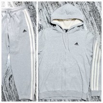 Adidas Fleece Full-Zip Hoodie + Pant Men&#39;s 3 Stripes Heather Gray &amp; White Cream - £47.25 GBP