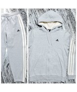 Adidas Fleece Full-Zip Hoodie + Pant Men&#39;s 3 Stripes Heather Gray &amp; Whit... - £47.23 GBP