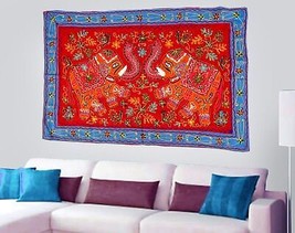 Vintage Handmade Cotton Embroidery Red Elephant Wall Hanging Home Decor Tapestry - £26.85 GBP