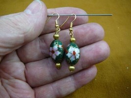 (EE603-11) Dark Green with pink white flower CLOISONNE dangle oval EARRINGS - $23.36