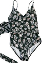 One Piece Wrap Swimsuit Green White Leaf Pattern Side Tie Swim Size M - £10.11 GBP