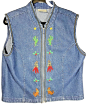 Khaki Rose Lady Size L Denim Vest Blue Embroidered V Neck Christmas - $18.49 CAD
