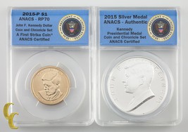 2015 Kennedy Pièce de Monnaie &amp; Chronicle Kit : Dollar &amp; Argent Medal Anacs - $440.73