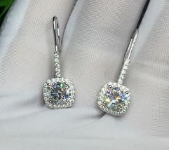 2Ct Round Cut Moissanite &amp; Zirconia Halo Drop Dangle Earrings in 925 Silver - £65.45 GBP