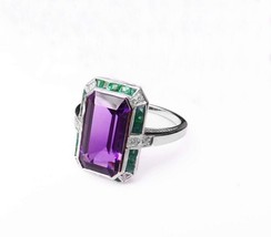 Emerald Cut Purple Amethyst Halo Engagement Ring, Vintage Inspire Ring - £197.32 GBP