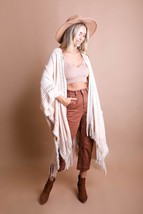 Ivory Beige Open Work Frayed Border Bohemian Ruana Wrap Shawl - £30.93 GBP