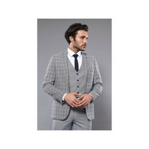 Men 3pc European Vested Suit WESSI by J.VALINTIN Slim Fit JV40 Gray Blue Plaid image 2