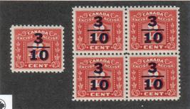 Canada  - VD#FX105 Sgl + B/4  Mint NH -  3/10 Overprint on 9/40 cent Excise  Tax - £14.51 GBP