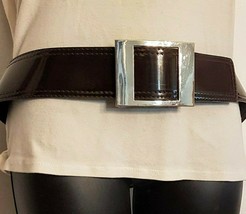 Fashion Belt Adjustable Brown Faux Patent Leather 2 1/4&quot; wide Silver tone Buckle - £9.29 GBP