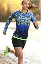 ATHLETA Runaway LS Wicking Run Swim Top #919126 Blue Paisley Thumbholes XS - $16.69