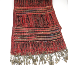 Brick Red Scarf Wrap with Blue and Black Pleated Fringed 12&quot; x 68&quot; - $12.86