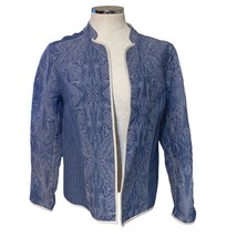 Chico&#39;s Embroidered Quilted Chambray Open Front Jacket Blue Medium - $32.41