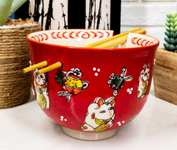 Lucky Cat Japanese Maneki Neko Red Porcelain Ramen Soup Bowl With Chopsticks Set - £16.60 GBP