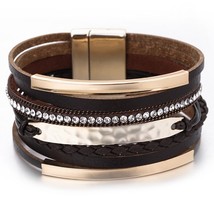 ALLYES Multilayer Leather Bracelet For Women Metal Bar Charm Braided Wide Wrap B - £9.56 GBP