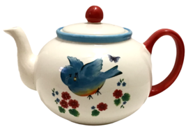 Vintage Handpainted Blue Bird Butterfly Teapot Fishs Eddy NY 1990s Tea Pot - £45.83 GBP