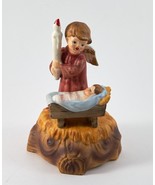 Musical Figurine Child Angel Over Baby In Manger Wind Up Religious Ceramic - £10.37 GBP