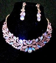 Purple Rose Gold, Rhinestone Necklace Earrings, Vitrail Crystal Jewelry, Pageant - £51.14 GBP