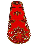 Pine Tree Candle and Poinsettia Cutwork Table Runner 15x68 inches Red - $20.29 CAD