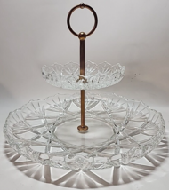  2 Tier Crystal Serving Tray Server Crystal Glass Gold Tone Handle - £30.95 GBP