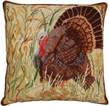 Throw Pillow Needlepoint Turkey in Field Bird 18x18 Cotton Velvet Back Wool - £240.16 GBP