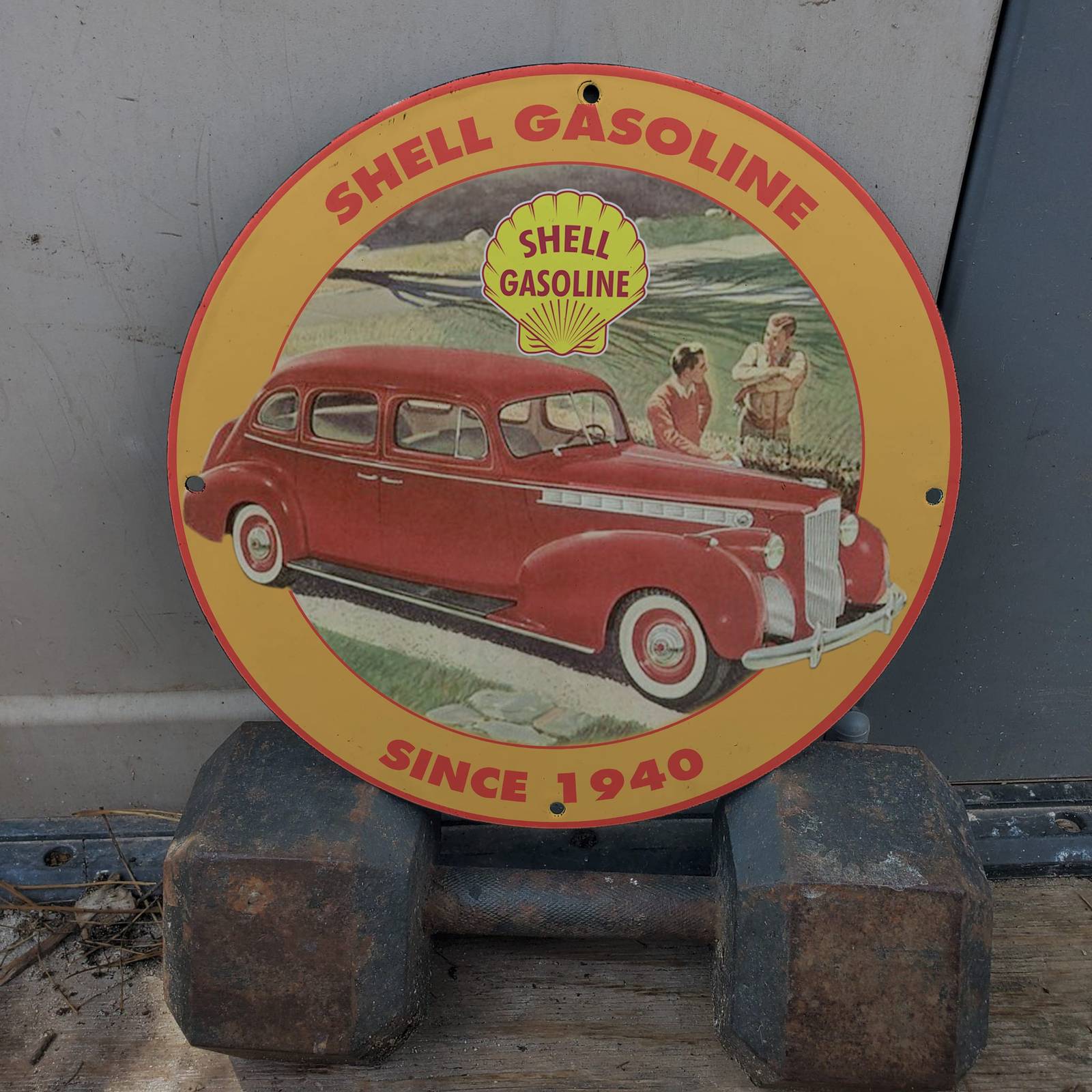 Vintage 1940 Shell Gasoline Motor Engine Fuel Oil Porcelain Gas & Oil Pump Sign - £98.36 GBP