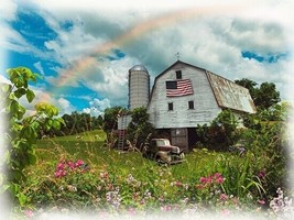 33&quot; X 44&quot; Panel Barn Farm Scenic Rainbow Country Print Cotton Fabric D374.83 - £11.69 GBP