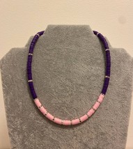 Heishi beaded necklace polymer disc pink purple handmade summer choker - £15.72 GBP