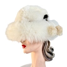 Womens VTG Ivory Shearling Big Brimmed Hat 1970s Large Size Pom Poms - $159.49