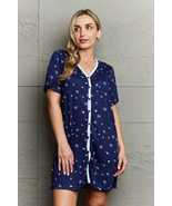 MOON NITE Navy Blue V neck Short Sleeves Quilted Quivers Button Down Sle... - £15.18 GBP