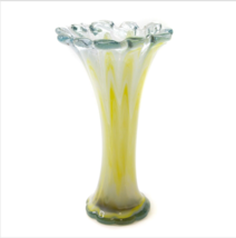 Vintage Hand Blown Art Glass Flower Vase Yellow White Swirl Opalescent Ruffle - £42.80 GBP