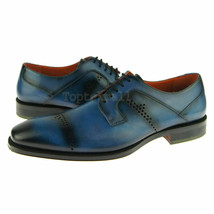 Handmade Men&#39;s Leather Oxfords Premium Rounded Toe Burnished Blue Shoes-701 - £156.22 GBP