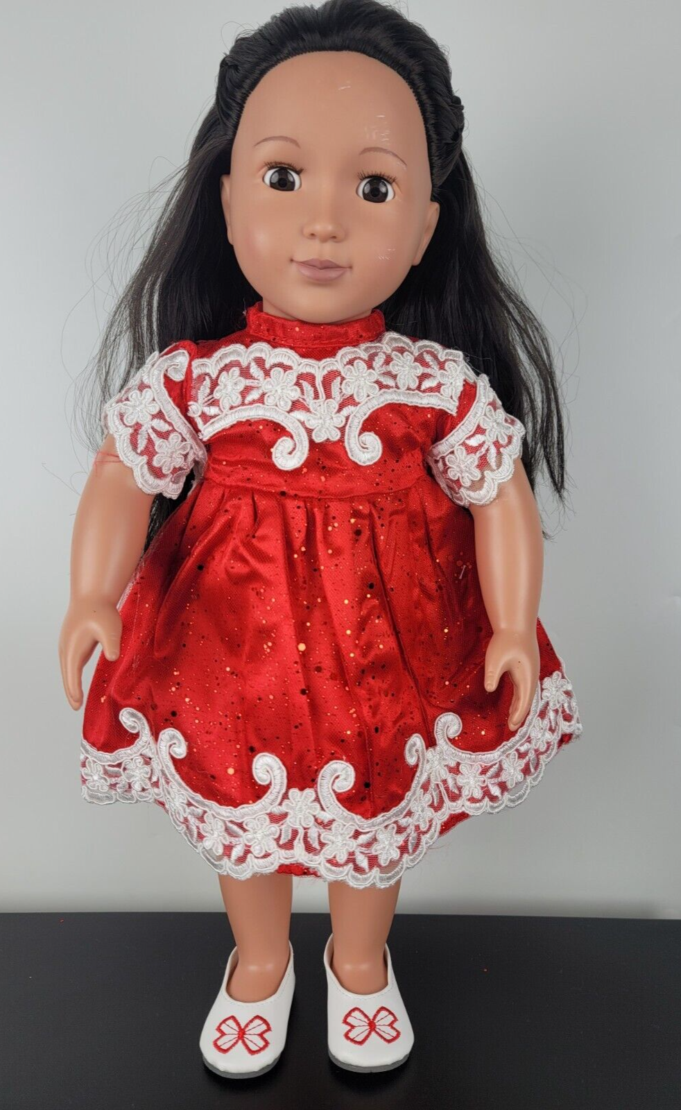 Primary image for Doll Dress Fancy Red Lace Glitter Bow Flats Outfit Holiday Fit American Girl 18"