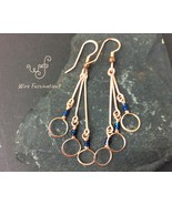 Handmade copper earrings: long circle dangles with dark crystal blue beads - £23.59 GBP