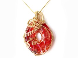 Wire wrapped Red Lamp work glass Doughnut  Necklace casual Fashion Jewelry For w - £19.75 GBP