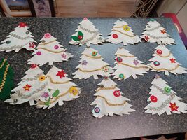 VTG 1960s Hand Made Felt Christmas Ornaments White Trees Applique Forest - $98.99