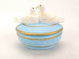 Ceramic Covered Candy Dish/Trinket Box, Baby Blue &amp; Gold, Kissing Birds Lid - £19.65 GBP