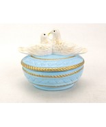 Ceramic Covered Candy Dish/Trinket Box, Baby Blue &amp; Gold, Kissing Birds Lid - £19.22 GBP