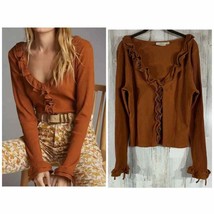Maeve Anthropologie Cropped Shirt Top Brown Ribbed Ruffles Tie Wrist Size Large - £16.40 GBP